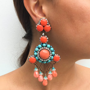 Lawrence VRBA Signed Large Statement Crystal Earrings - Delicate Lace Like Faux Coral & Faux Turquoise
