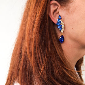 HQM Austrian Sapphire & Clear Crystal Drop Earrings (Clip-On)