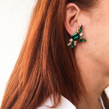 Load image into Gallery viewer, HQM Austrian Emerald &amp; Clear Rectangle Spike Earrings (Pierced)