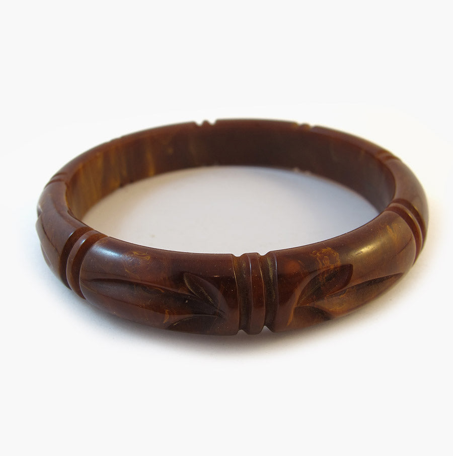 Vintage Bakelite Bangle - Marbled Brown Carved