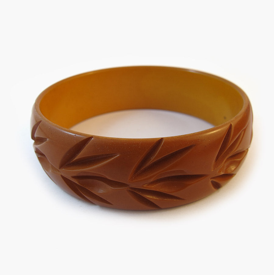 Vintage Bakelite Bangle - Carved Leaf Design - Butterscotch
