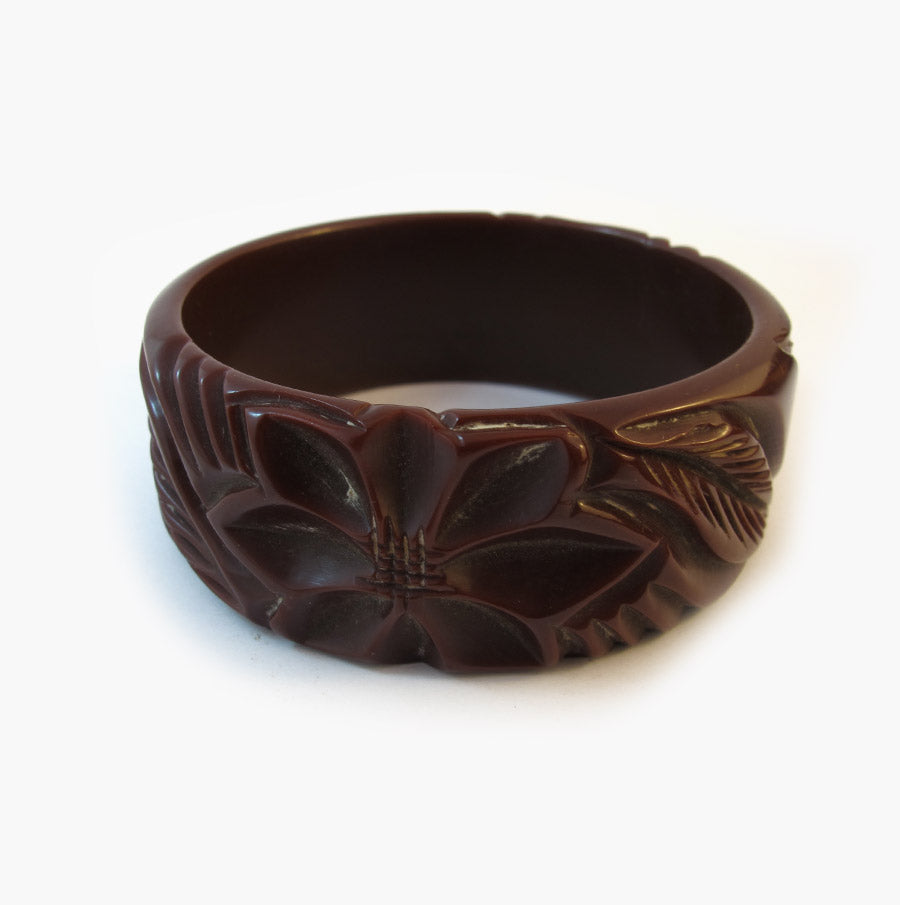 Vintage Bakelite Bangle - Heavily Carved Floral Design