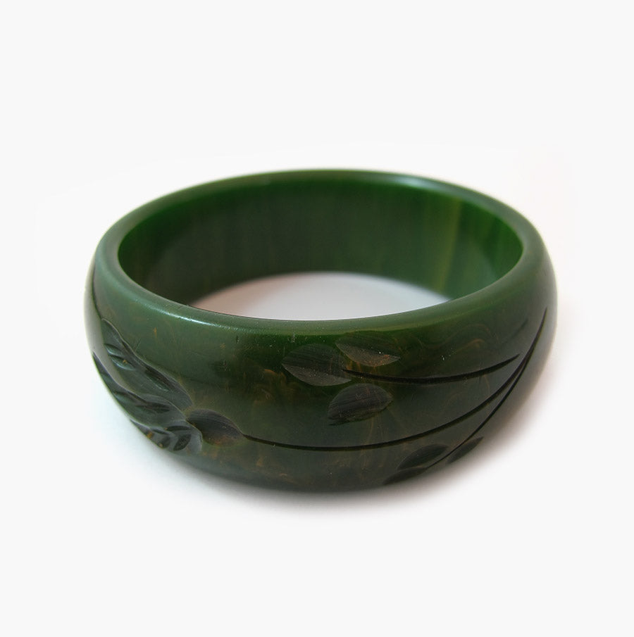 Vintage Bakelite Bangle - Marbled Deep Leaf Green Design - 1950's