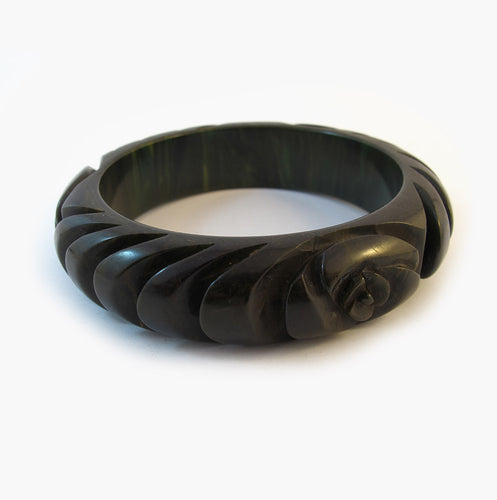 Vintage Bakelite Bangle - Dark Olive Green Carved Design - 1950's
