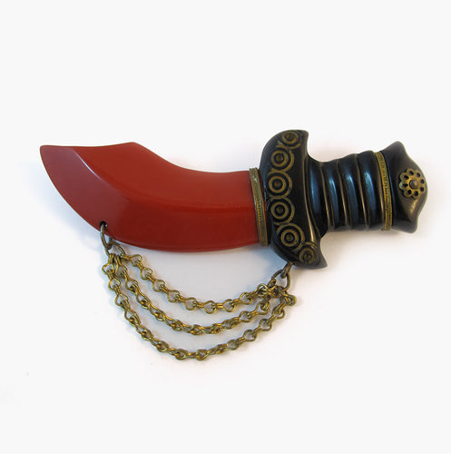 Vintage Bakelite Sword Brooch - Red, Black + Brass Detail