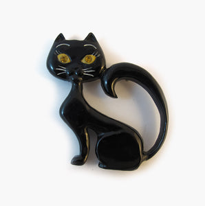 Reworked Vintage Black Bakelite Carved Cat Brooch with Crystal Eyes
