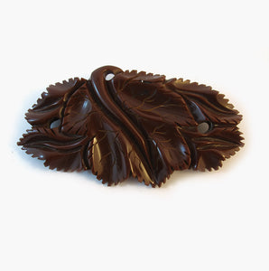 Heavily Carved Milk Chocolate Brown Vintage Bakelite Brooch