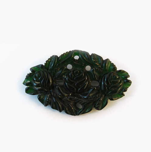 Vintage Heavily Carved Emerald Green Bakelite Brooch