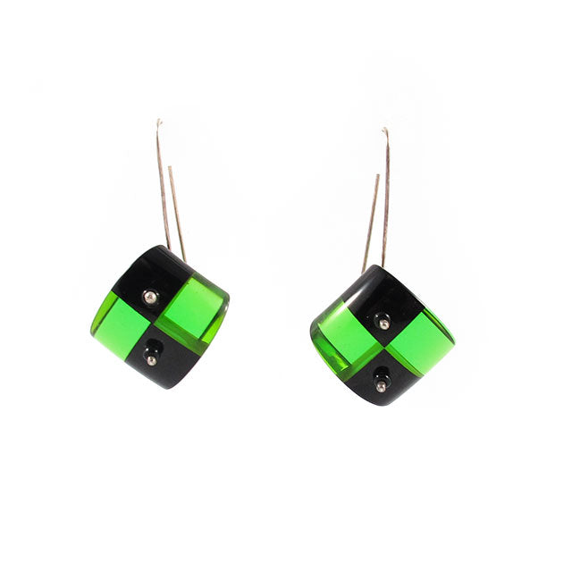 Contemporary Schultz Bakelite Hook Earrings - Green and Opaque Black