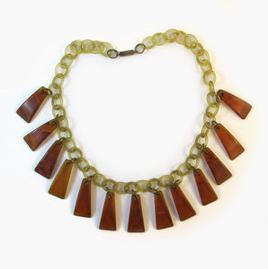 Vintage Bakelite Necklace - Amber Coloured Pieces and Celluloid Chain c. 1950's