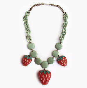 Vintage Bakelite Hand Carved and Painted Strawberry Necklace