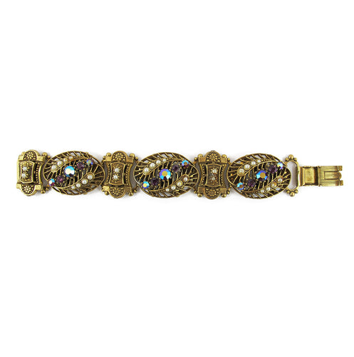 Vintage 1940's Goldtone Bracelet with Intricate Metal Work and Crystal Details
