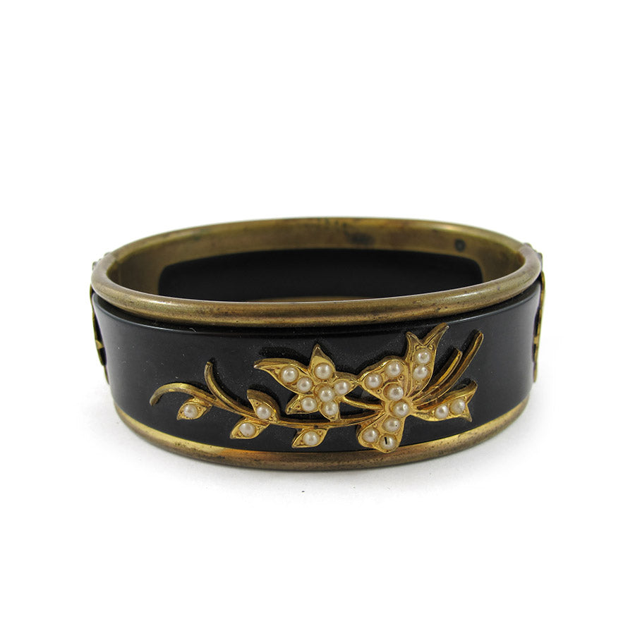 Antique Black Enamel - Brass Clamper Bangle c. 1920's - Harlequin Market