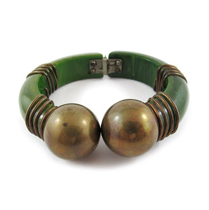 Vintage Hinged Green Bakelite Bangle with Brass Wire & Brass Ball Details