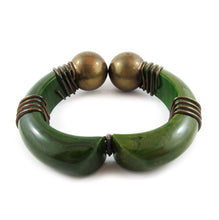 Load image into Gallery viewer, Vintage Hinged Green Bakelite Bangle with Brass Wire &amp; Brass Ball Details