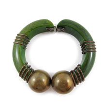 Load image into Gallery viewer, Vintage Hinged Green Bakelite Bangle with Brass Wire &amp; Brass Ball Details