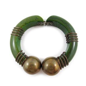 Vintage Hinged Green Bakelite Bangle with Brass Wire & Brass Ball Details