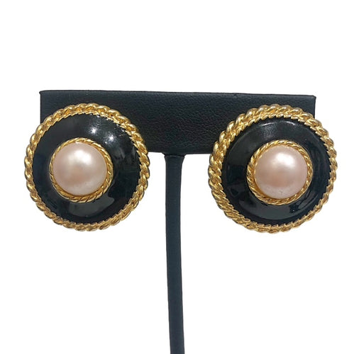 Vintage Black, Gold & Faux Pearl Earrings - (Clip On)