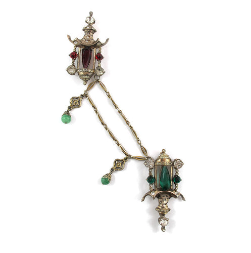 Vintage Rare 1940's Lantern Brooch with Red, Green, Clear Crystals