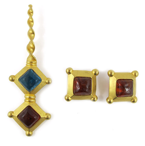 Vintage Signed 'Karl Largerfeld' Gold Plated Glass Stone Brooch + Brooch SET