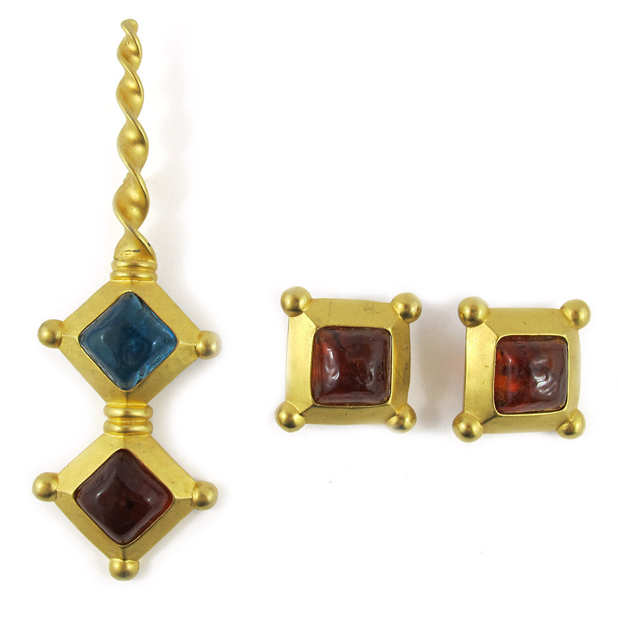 Vintage Signed 'Karl Largerfeld' Gold Plated Glass Stone Brooch + Brooch SET