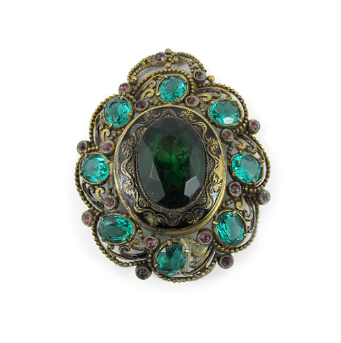 Vintage Czechoslovakian Bohemian Brooch -Emerald Green and Amethyst