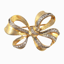 Load image into Gallery viewer, Vintage Gold Filigree &amp; Crystal Detail Bow Brooch c. 1950&#39;s