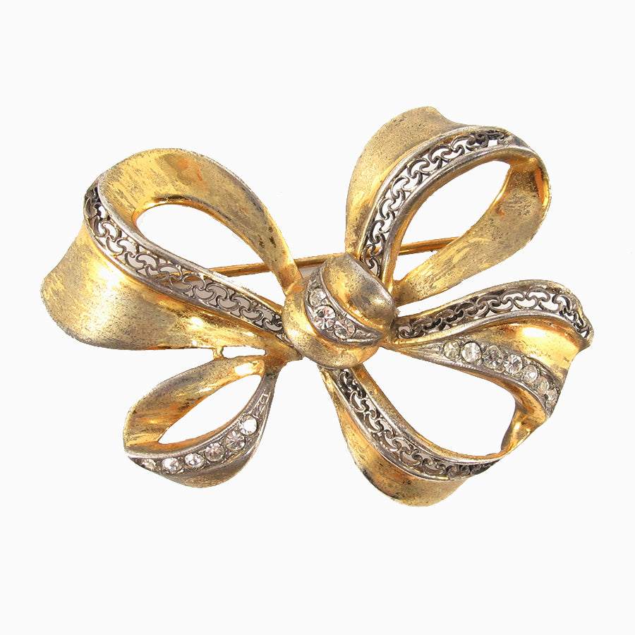 Vintage Gold Filigree & Crystal Detail Bow Brooch c. 1950's