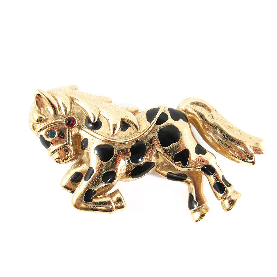 Vintage Gold Plated & Black Enamelled Horse Brooch c. 1960