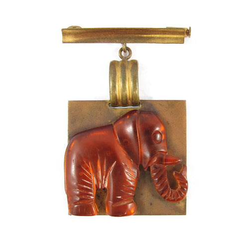 Vintage Carved Root Beer Bakelite & Brass Elephant Brooch c.1950