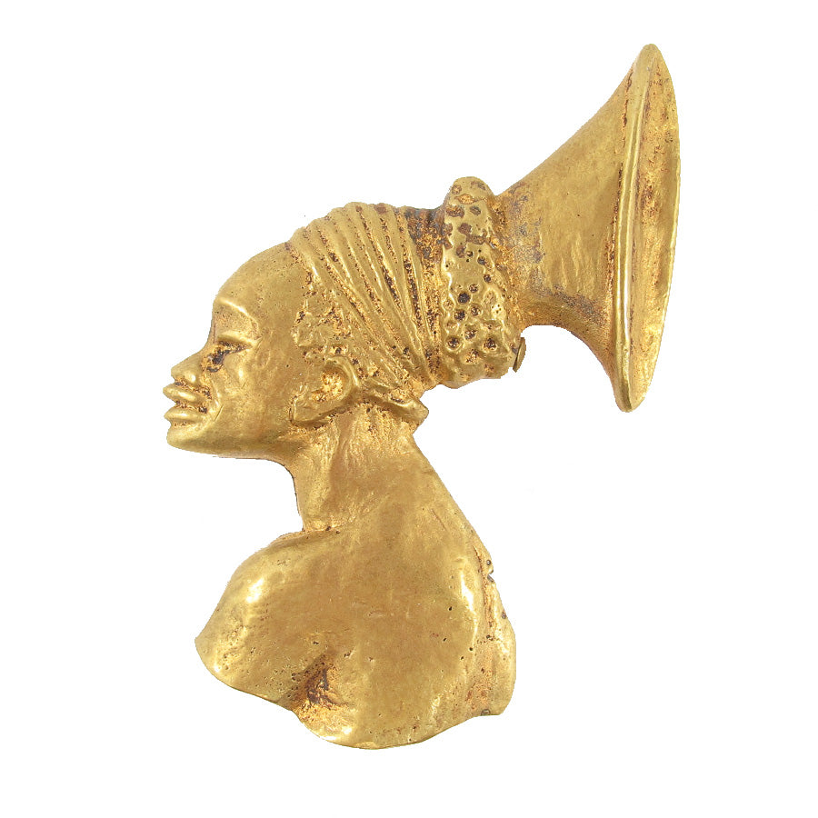 French Vintage Figural African Face Cast Brass Mask Brooch c. 1960
