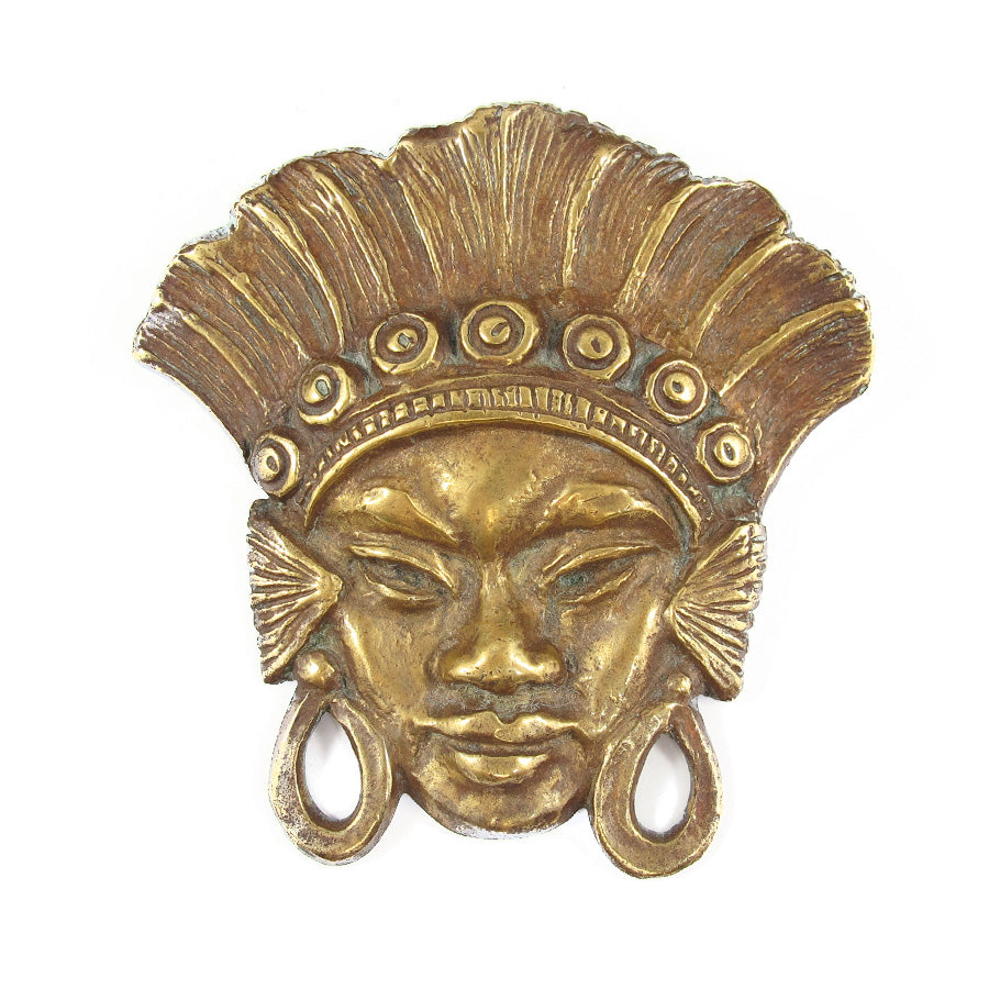 French Vintage Figural African Face Cast Brass Mask Brooch c. 1960