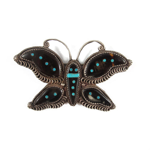 Vintage Native American Indian Zuni Sterling Silver, Tortoiseshell & Turquoise Butterfly Brooch