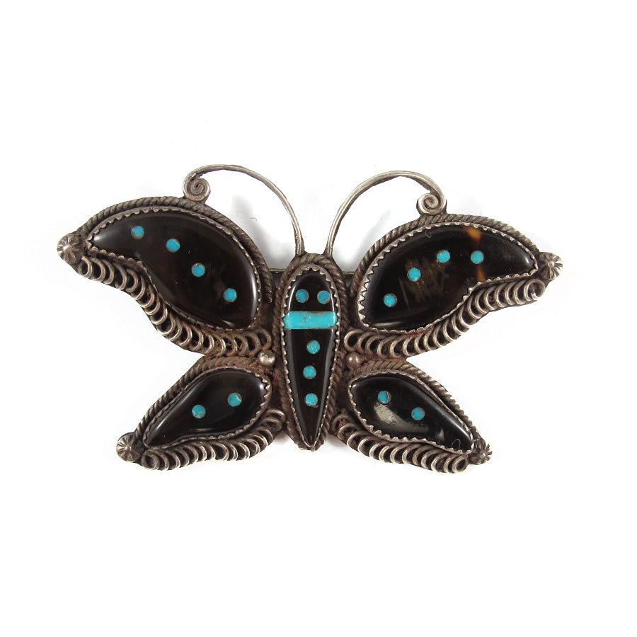 Vintage Native American Indian Zuni Sterling Silver, Tortoiseshell & Turquoise Butterfly Brooch