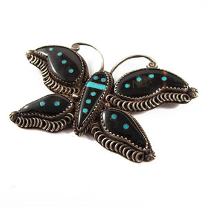 Vintage Native American Indian Zuni Sterling Silver, Tortoiseshell & Turquoise Butterfly Brooch