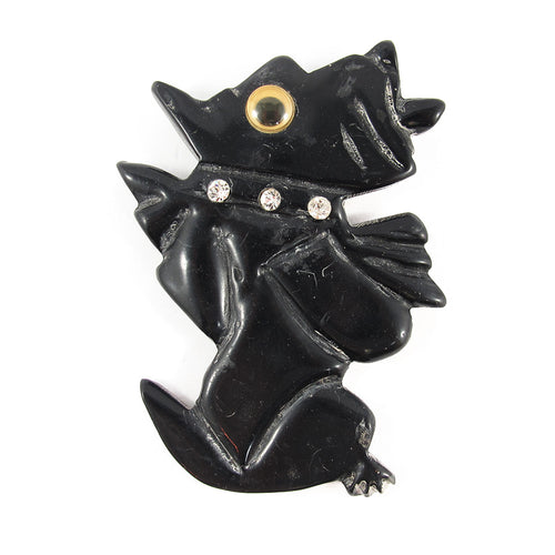 Vintage Google Eyed Carved BlackResin Dog Brooch c. 1950