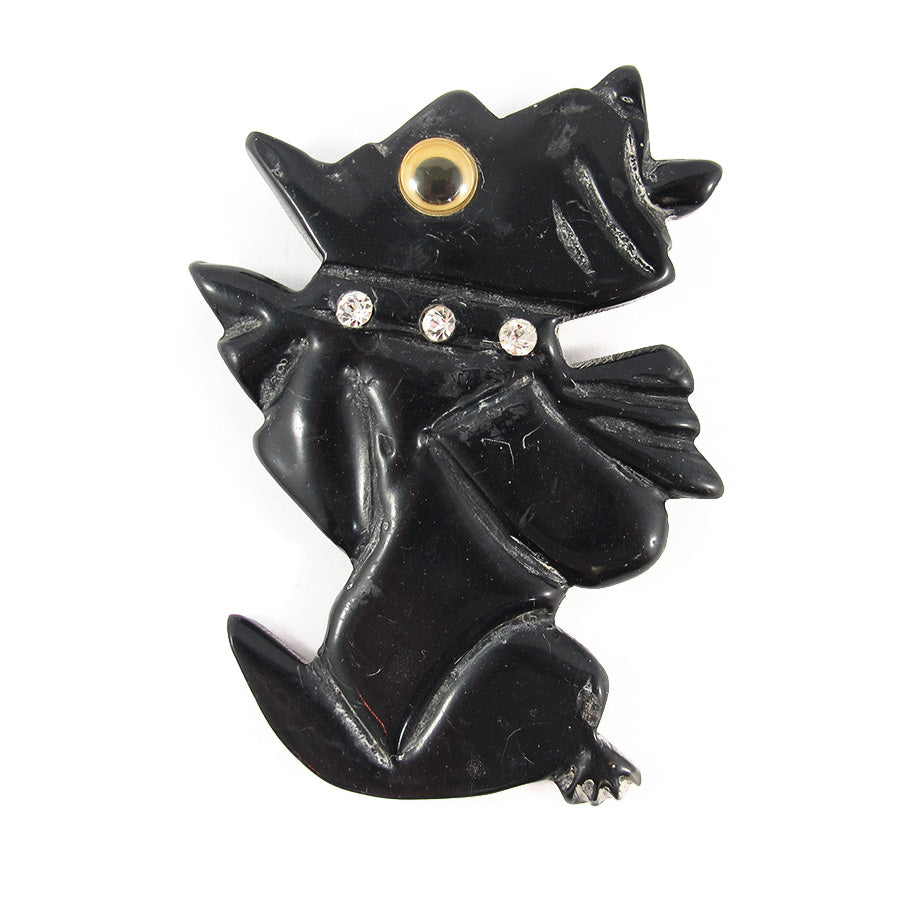 Vintage Google Eyed Carved BlackResin Dog Brooch c. 1950