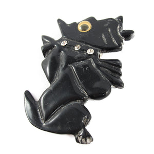 Vintage Google Eyed Carved BlackResin Dog Brooch c. 1950