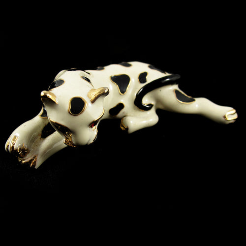 Vintage Signed Kenneth Jay Lane Gold Plated, Cream & Black Enamel Panther Brooch c. 1980