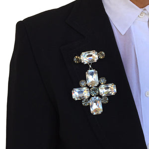 Harlequin Market Crystal Cross Brooch - Clear & Black Diamond
