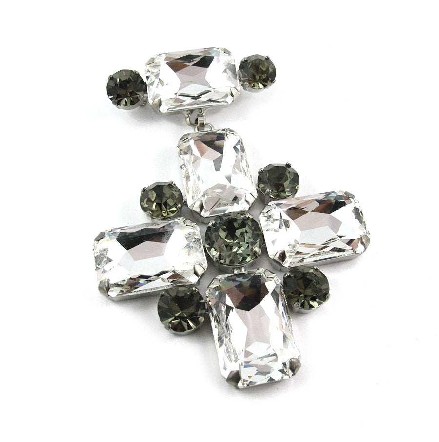 Harlequin Market Crystal Cross Brooch - Clear & Black Diamond
