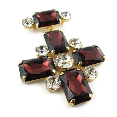 Harlequin Market Crystal Cross Brooch - Burgundy & Clear