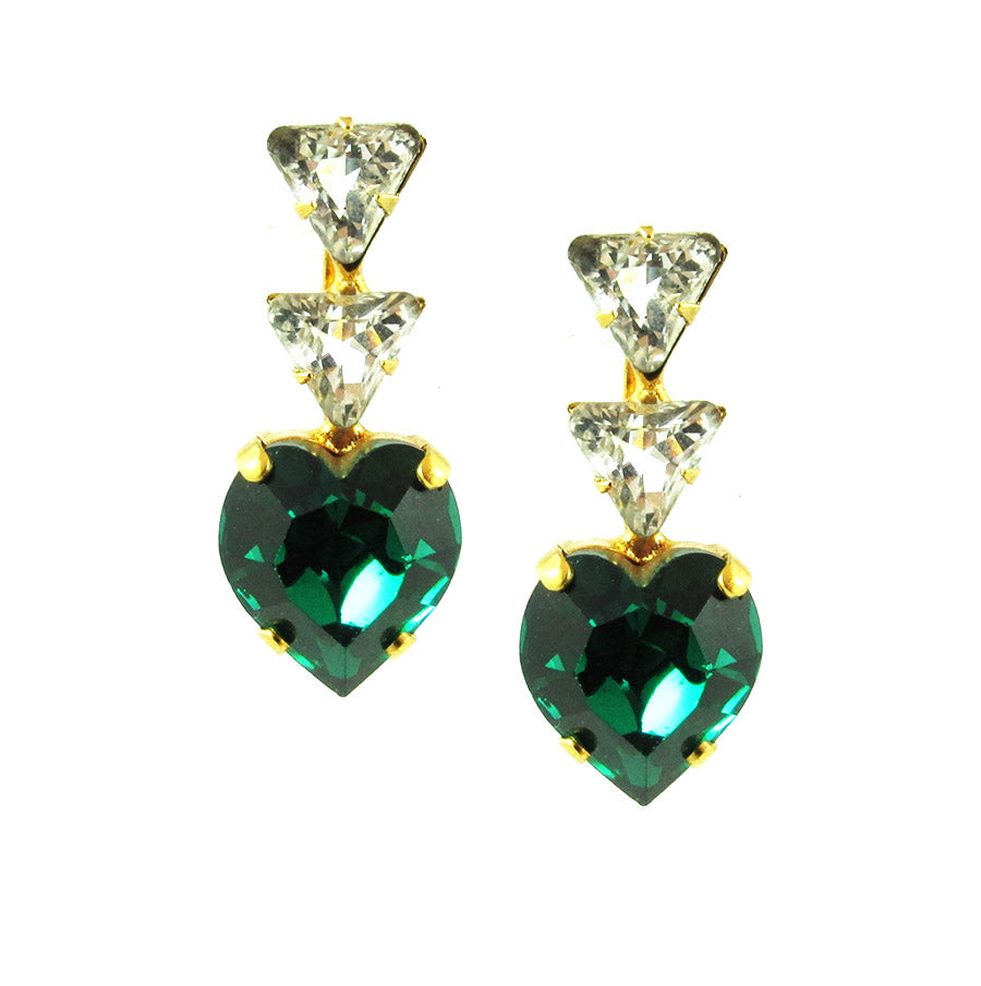 Harlequin Market Heart Crystal Earrings - Emerald + Clear