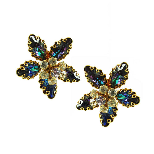 Vintage Signed 'Austria' Crystal Flower Earrings - Heliotrope + Clear