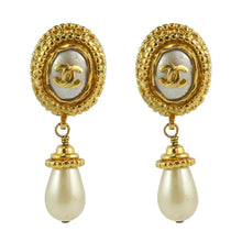 Load image into Gallery viewer, Chanel Vintage CC Gold Faux Pearl Drop Earrings c. 1990 (Clip-on) - Harlequin Market