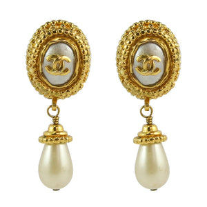 Chanel Vintage CC Gold Faux Pearl Drop Earrings c. 1990 (Clip-on) - Harlequin Market