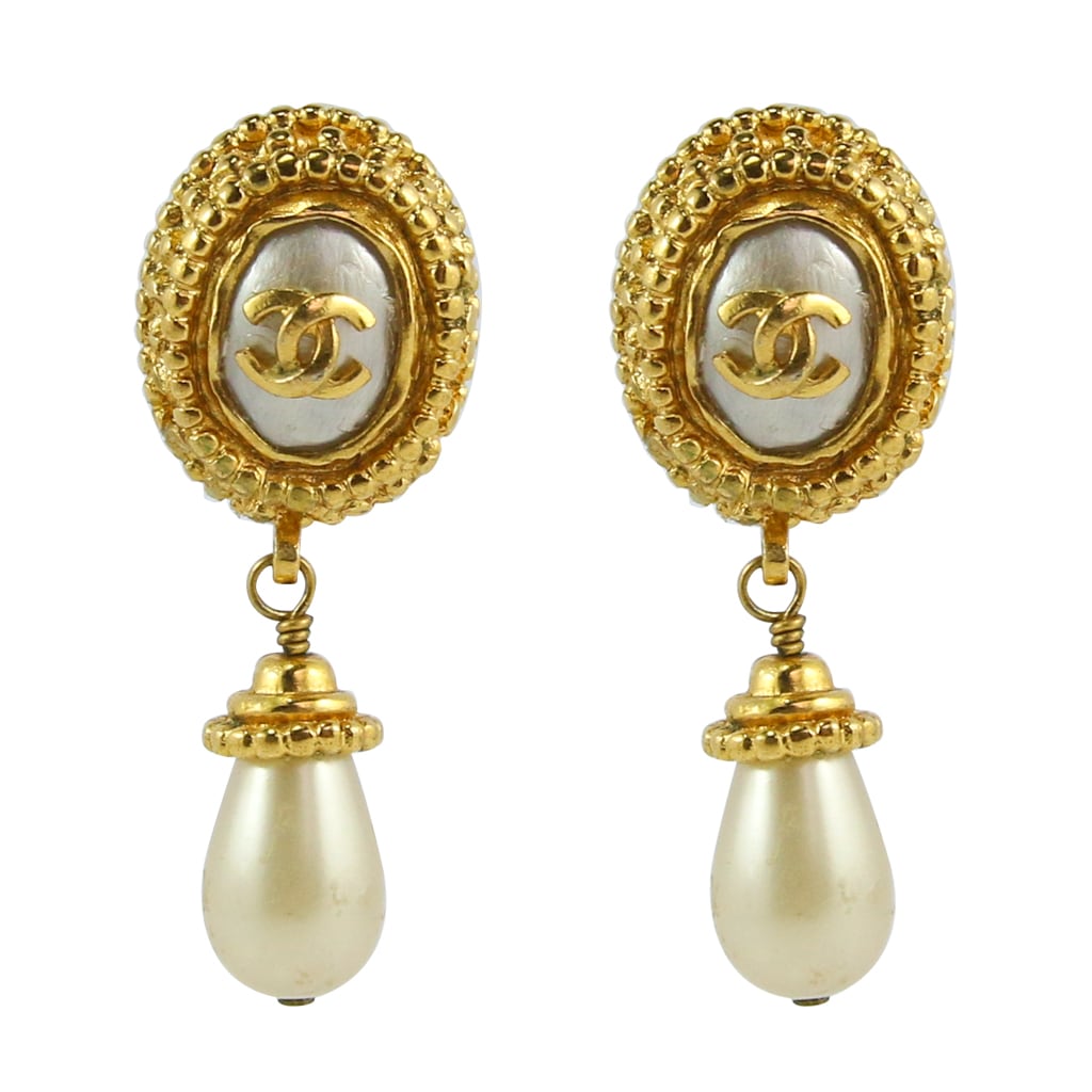 Chanel Vintage CC Gold Faux Pearl Drop Earrings c. 1990 (Clip-on) - Harlequin Market