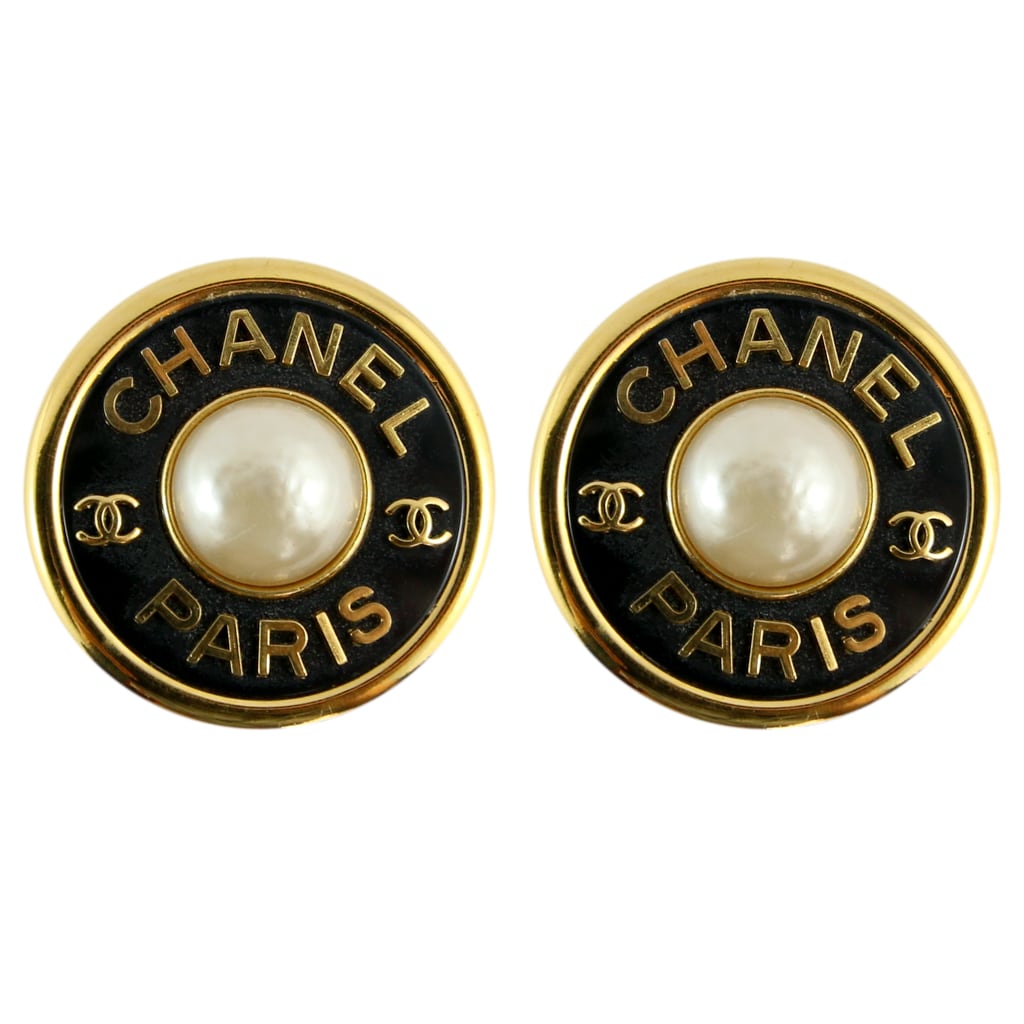 Chanel Vintage Large Round CHANEL PARIS CC Black Gold Faux Pearl Earrings  c. 1990 (Clip-on)