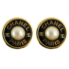 Load image into Gallery viewer, Chanel Vintage Large Round CHANEL PARIS CC Black Gold Faux Pearl Earrings c. 1990 (Clip-on) - Harlequin Market