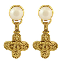 Load image into Gallery viewer, Chanel Vintage Florentine CC Faux Pearl Drop Cross Earrings 1994 (Clip-on) - Harlequin Market